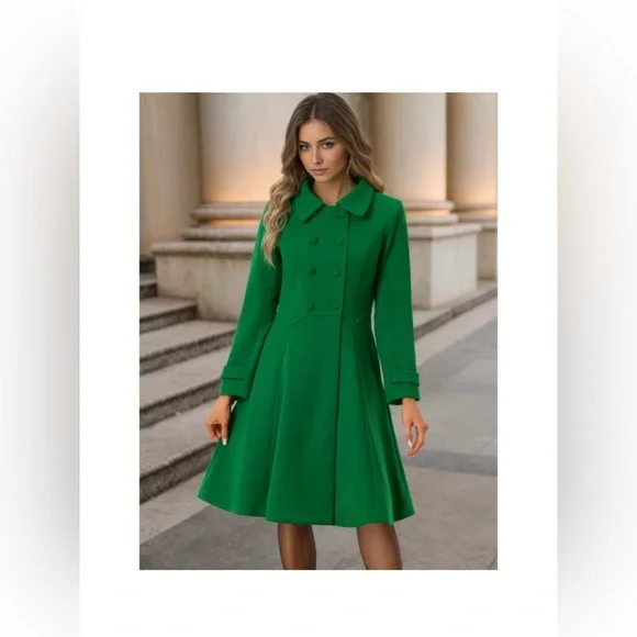 Allegra K Women's Green Double-Breasted Coat - Picture 2 of 7